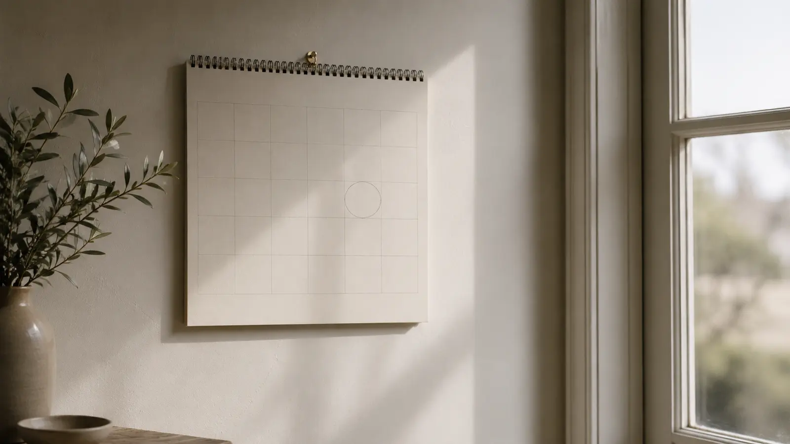 A paper wall calendar with one date circled, hanging beside a window