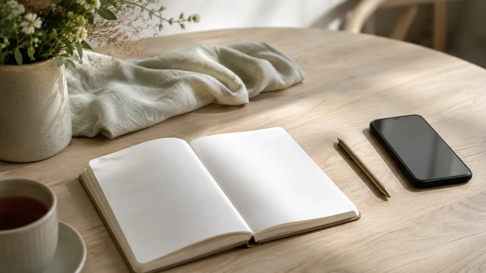 An open notebook with a pen beside a phone on a kitchen table in morning light