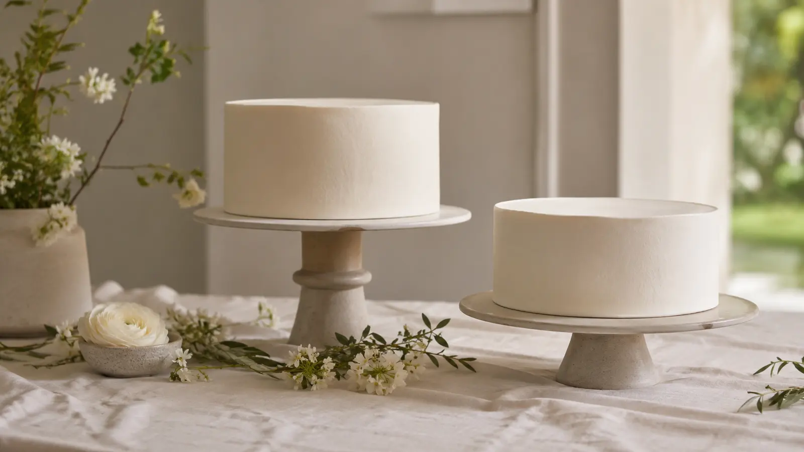 Two celebration cakes on stands, one smaller than the other