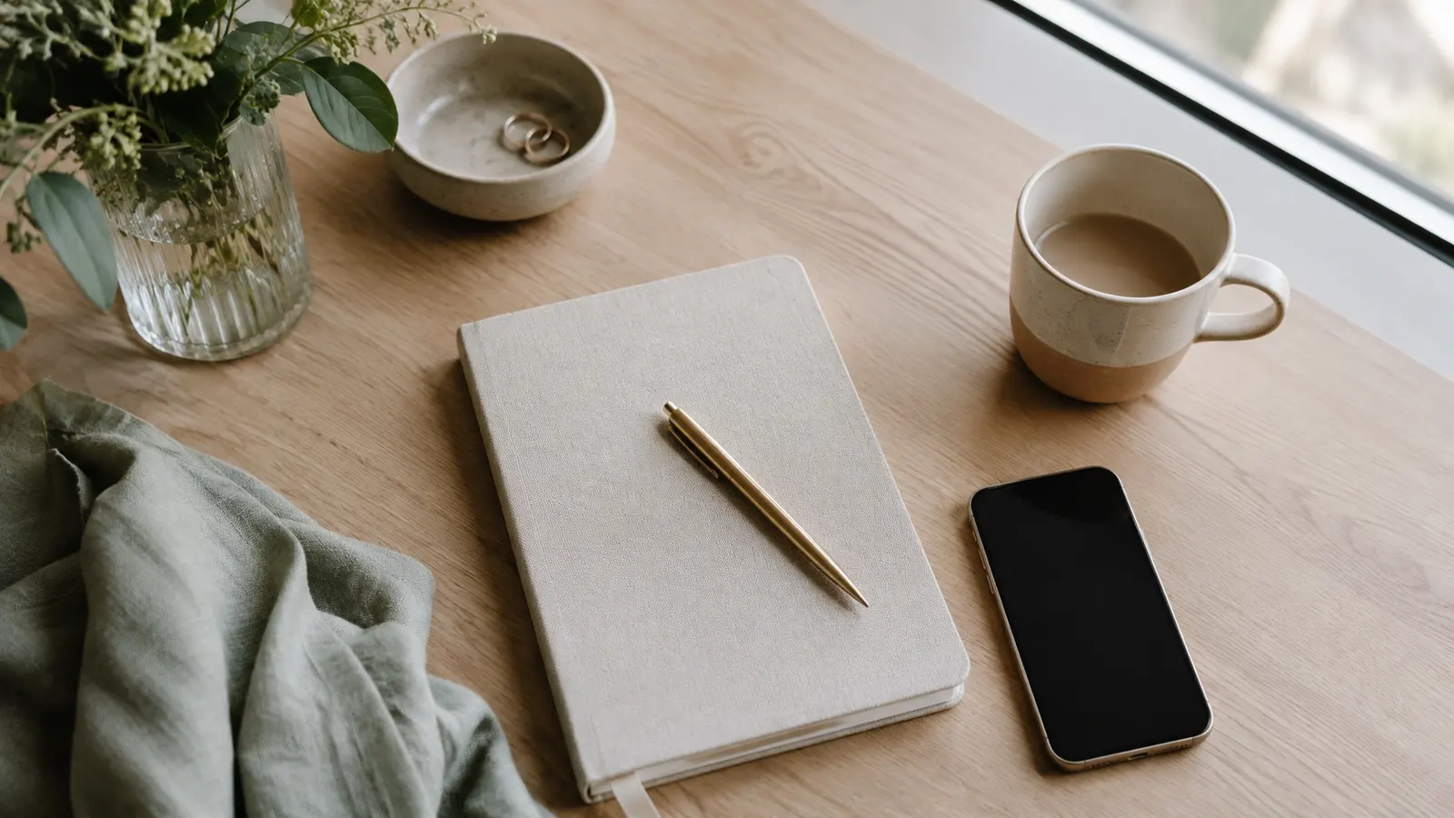 A desk with a notebook and phone arranged for a support call