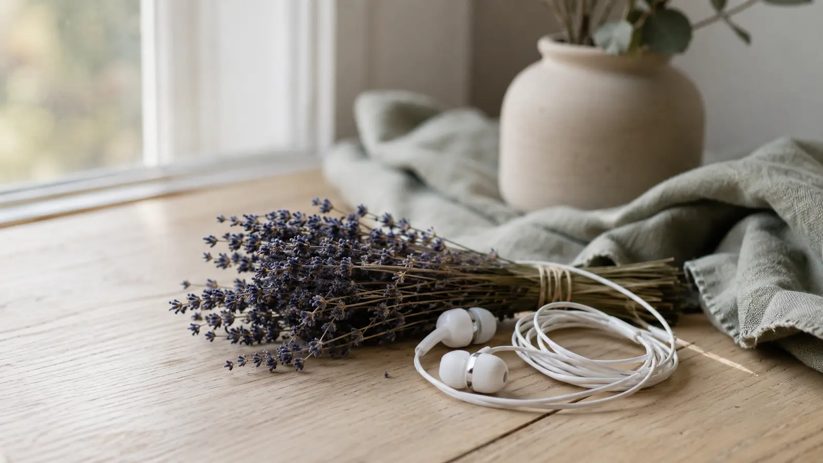 A pair of headphones resting beside dried lavender on a pale wooden surface