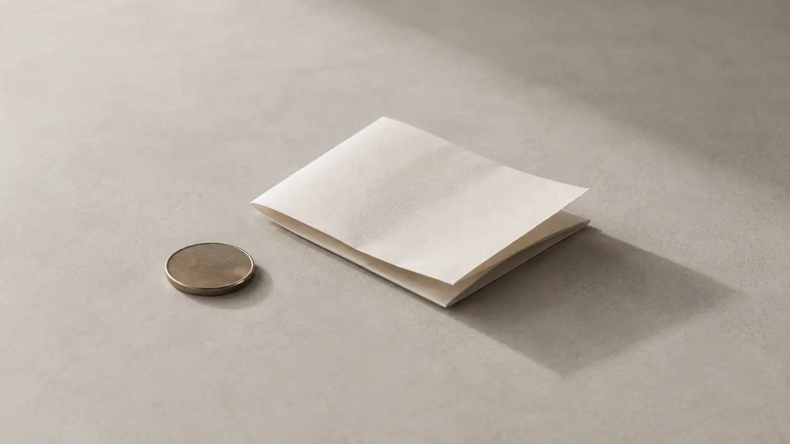 A single coin resting on a pale surface beside a folded receipt