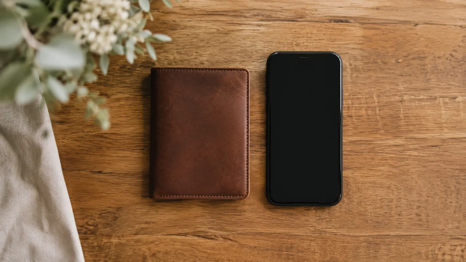 A wallet and a phone resting on a wooden table