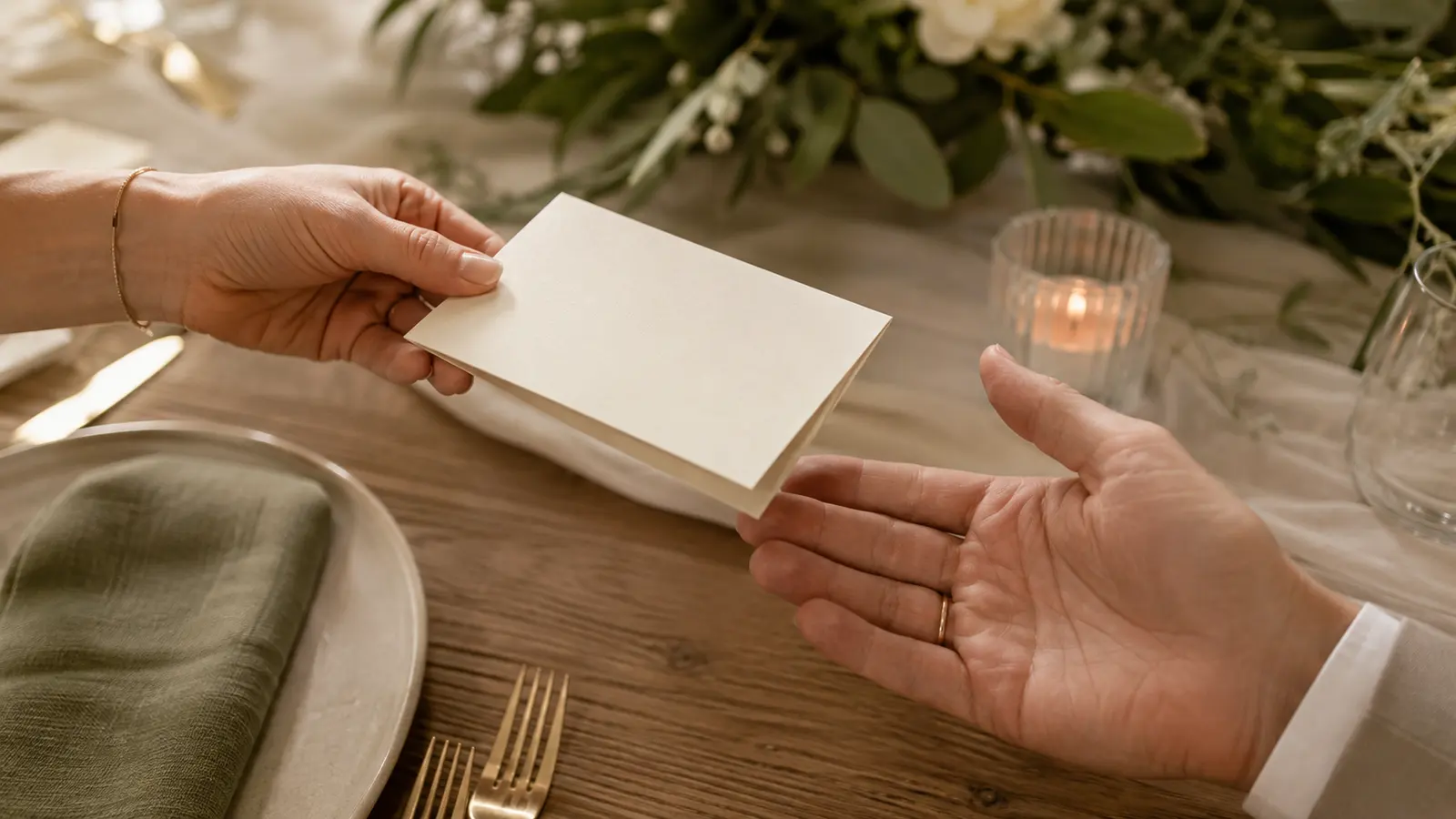 A hand passing a folded card across a table to another person