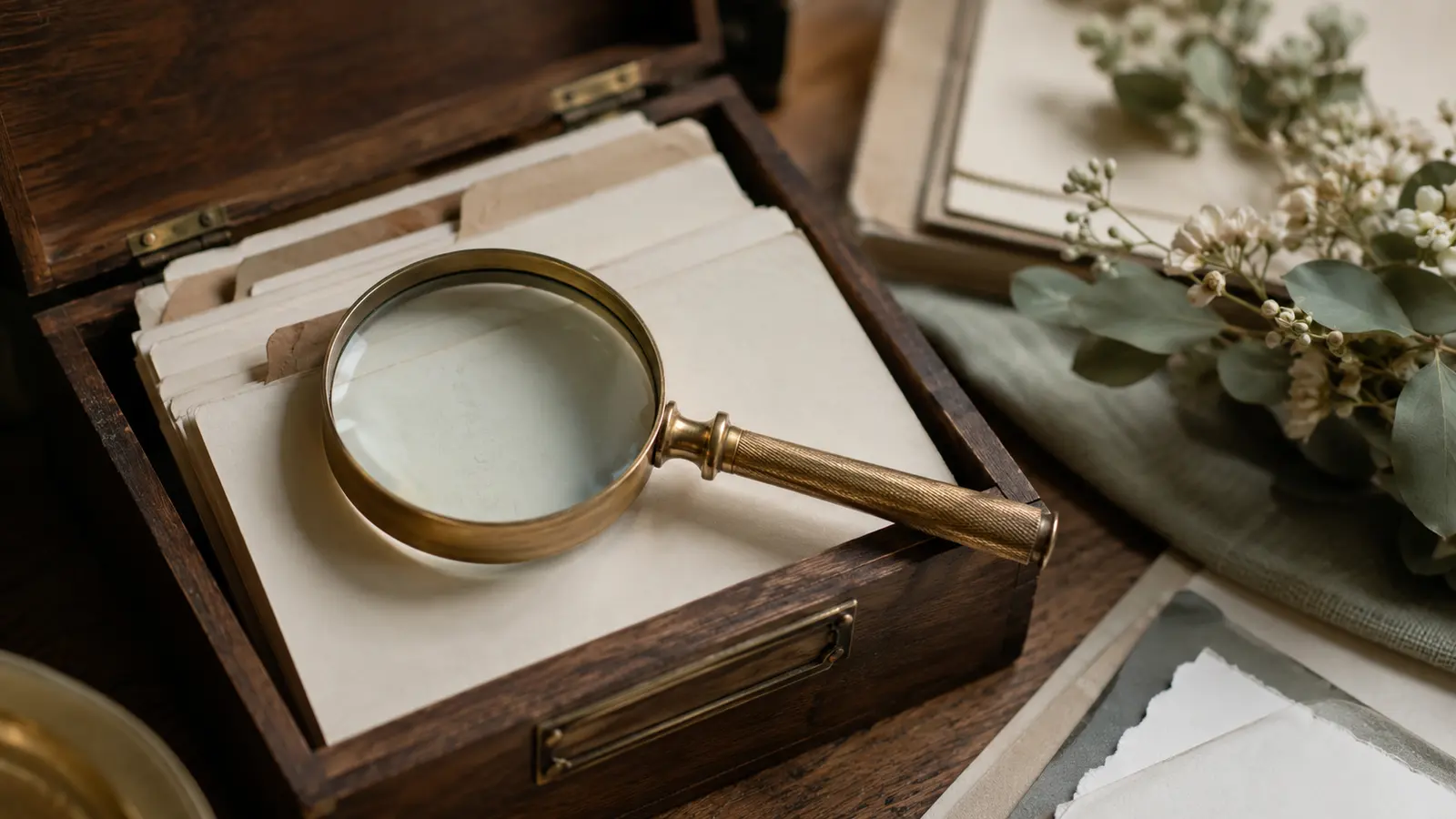 A magnifying glass resting on an open index card box
