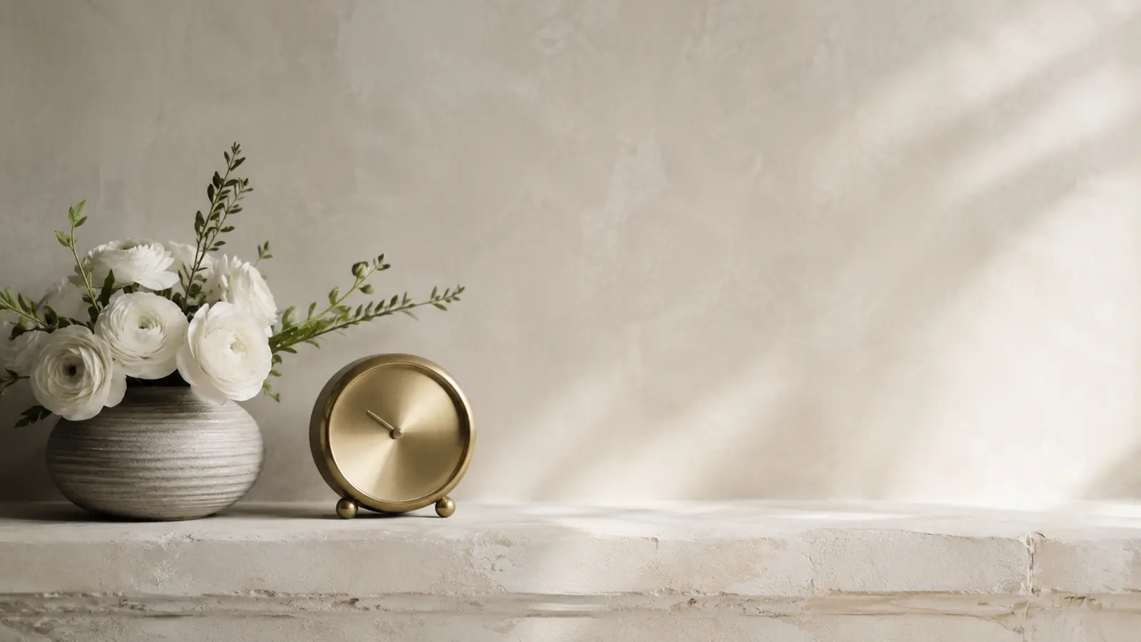 A vintage brass clock face beside a small vase of white flowers on a pale surface