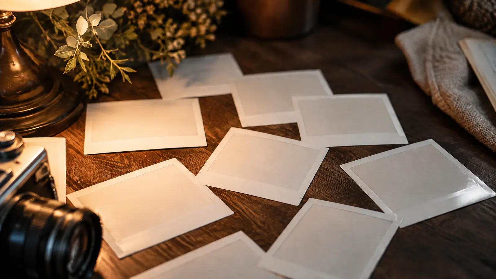 Printed photographs scattered on a table with a camera at the edge of frame