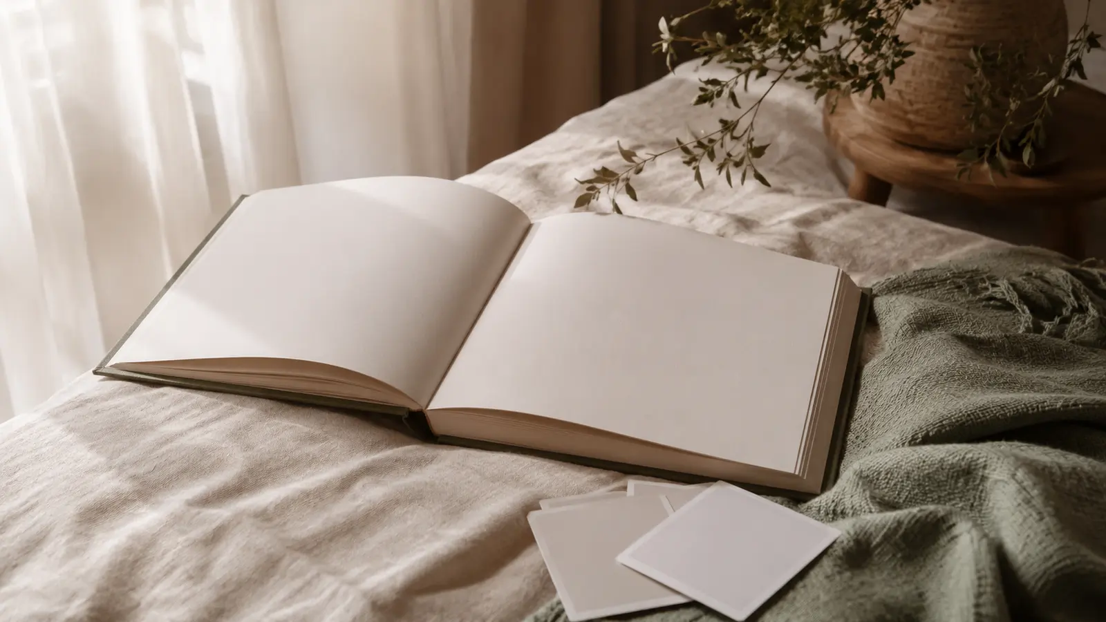 An open photo album on a bed with soft window light falling across the pages