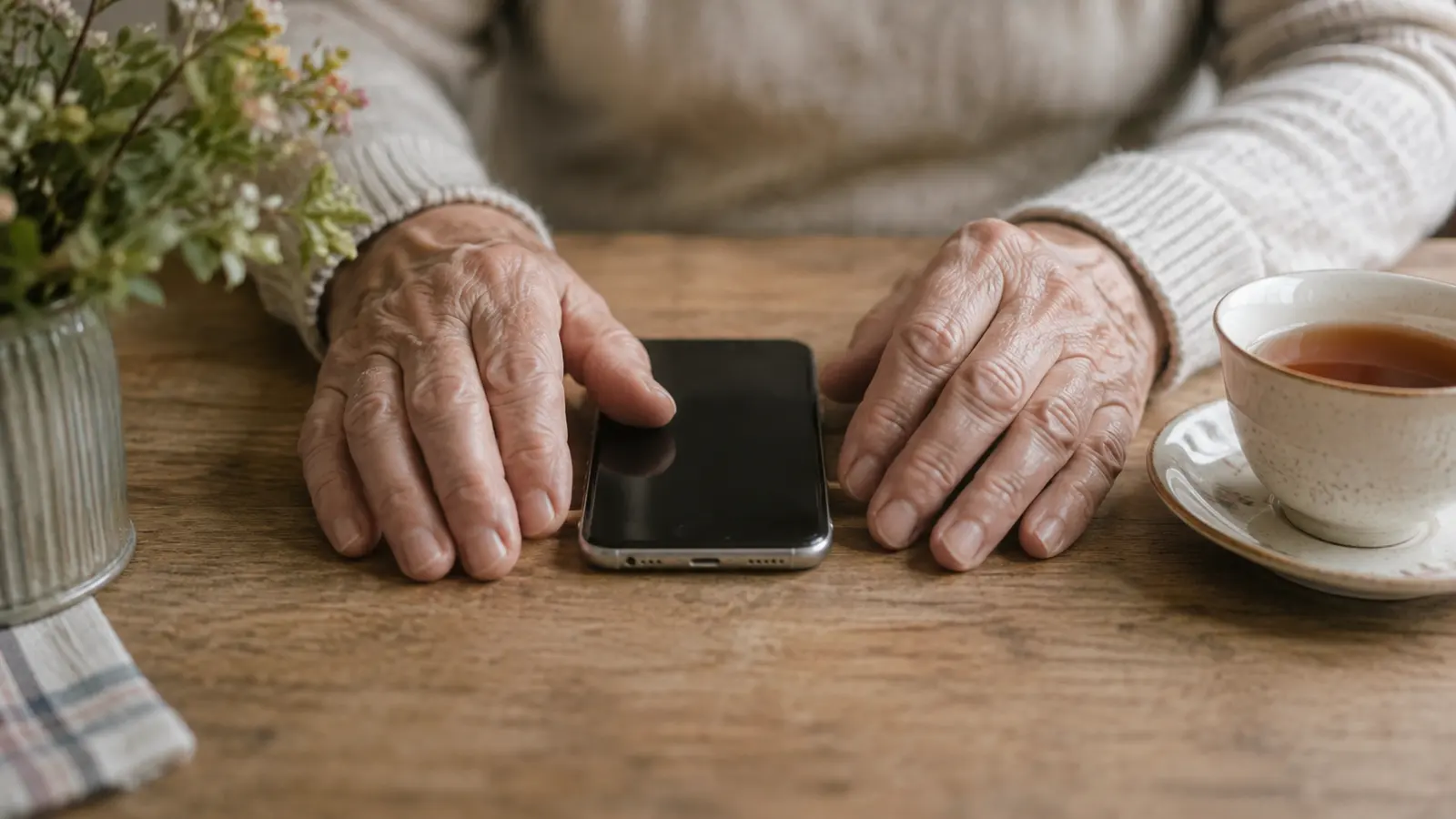 An older person's hands holding a simple smartphone at a kitchen table