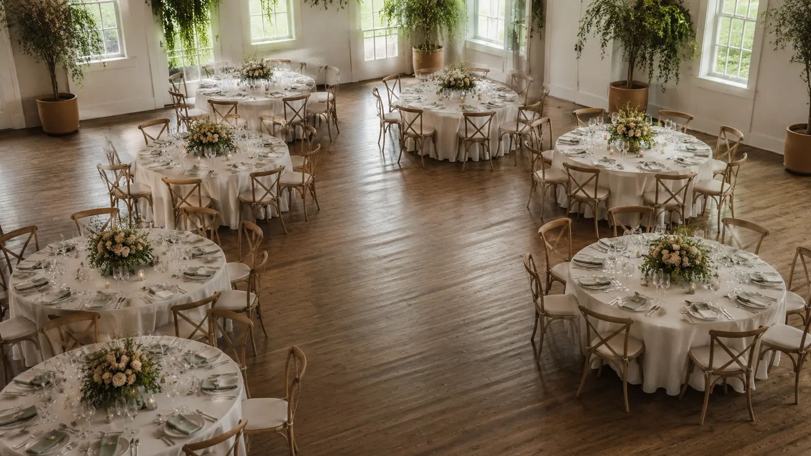 An overhead view of round tables set in a bright hall
