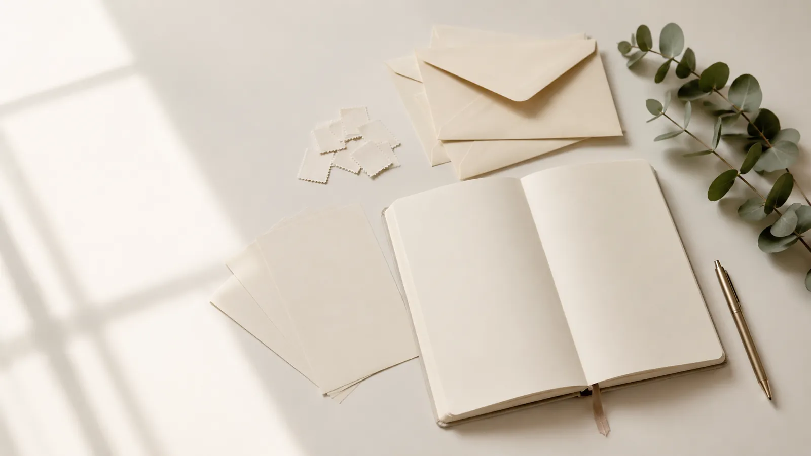 Blank wedding stationery, envelopes and postage stamps laid out on a desk beside an open notebook