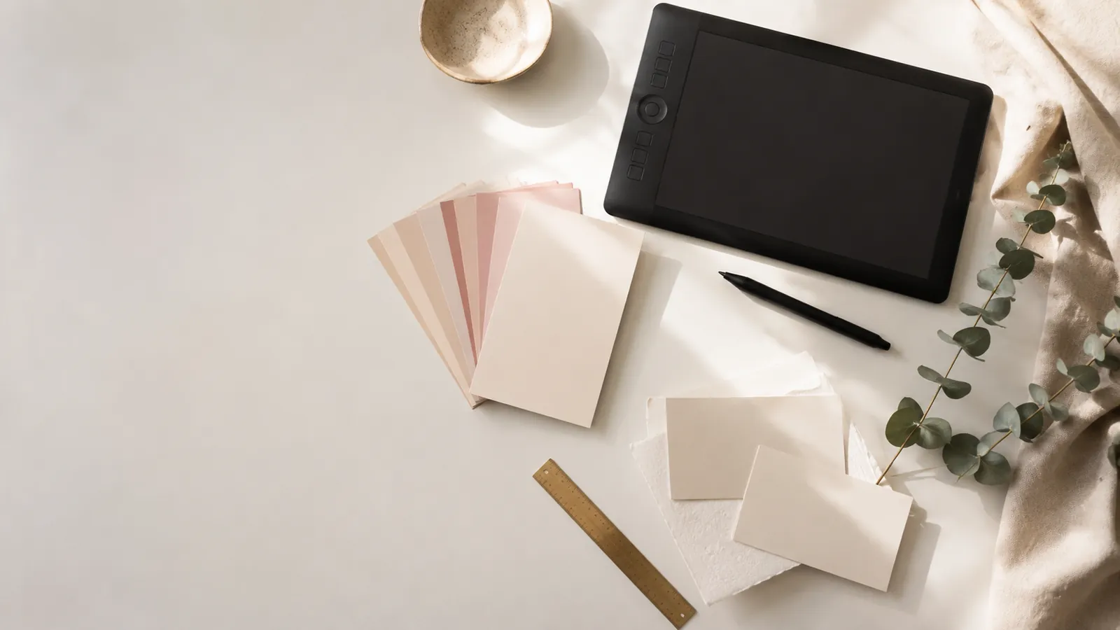 A designer's desk with a drawing tablet, paper colour swatches and blank card samples