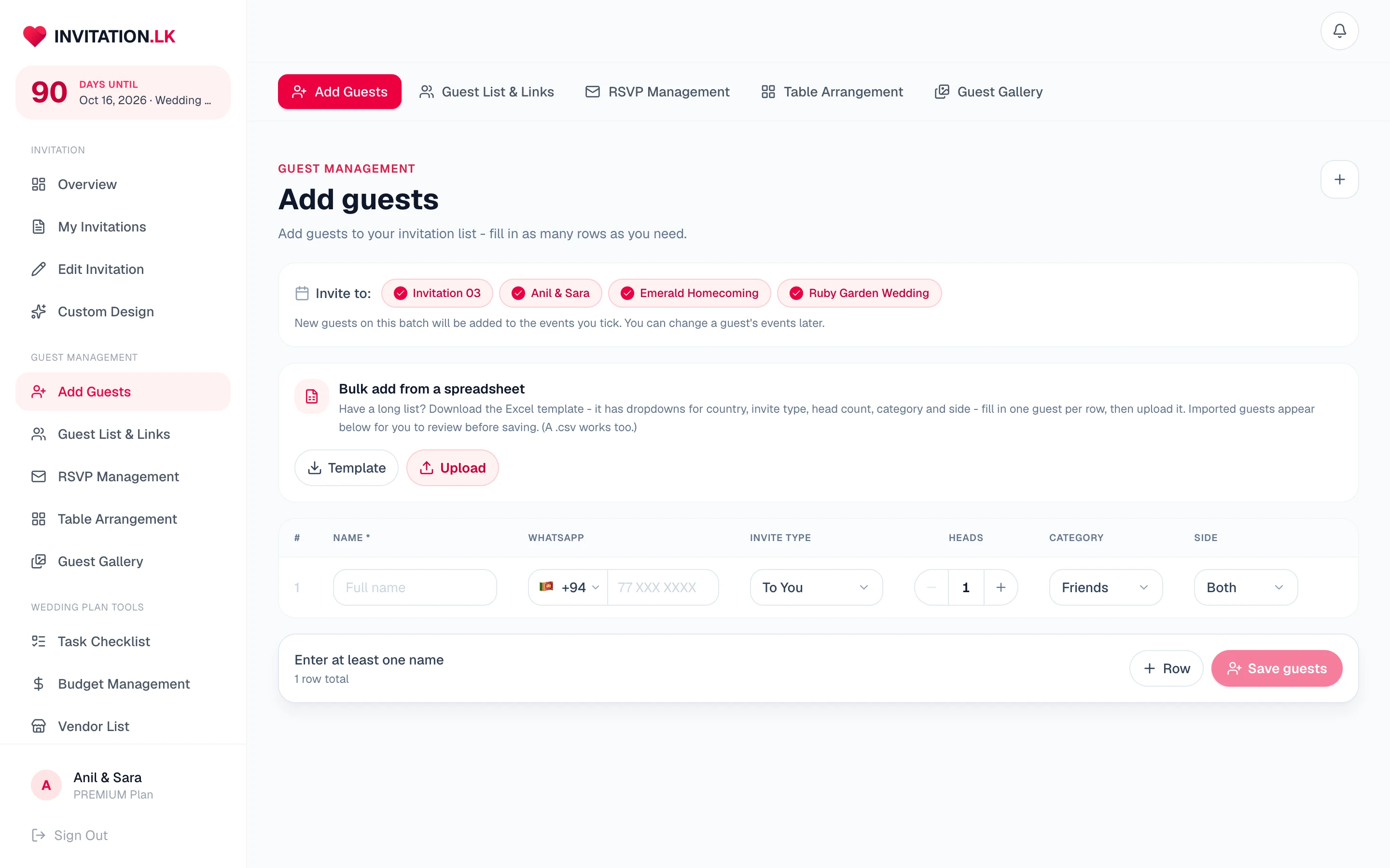 The add guests page on a laptop with event selection and a bulk spreadsheet import option