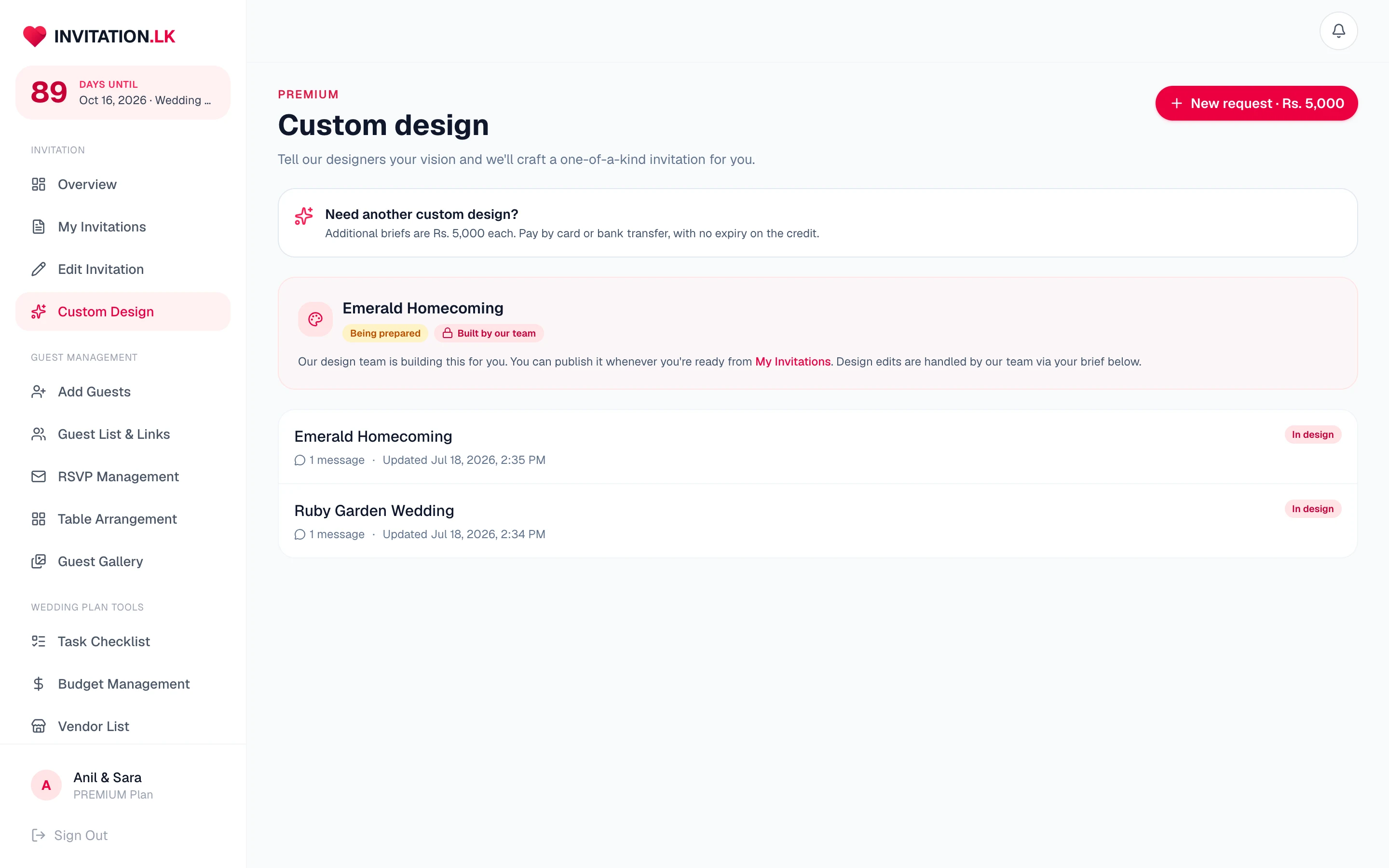 Custom design requests with status badges and designer message threads