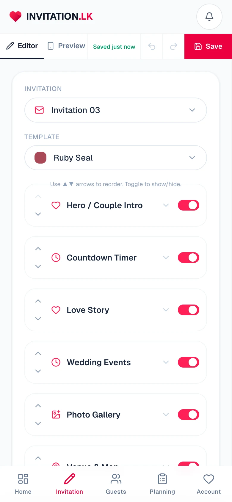 The invitation editor used on a mobile phone