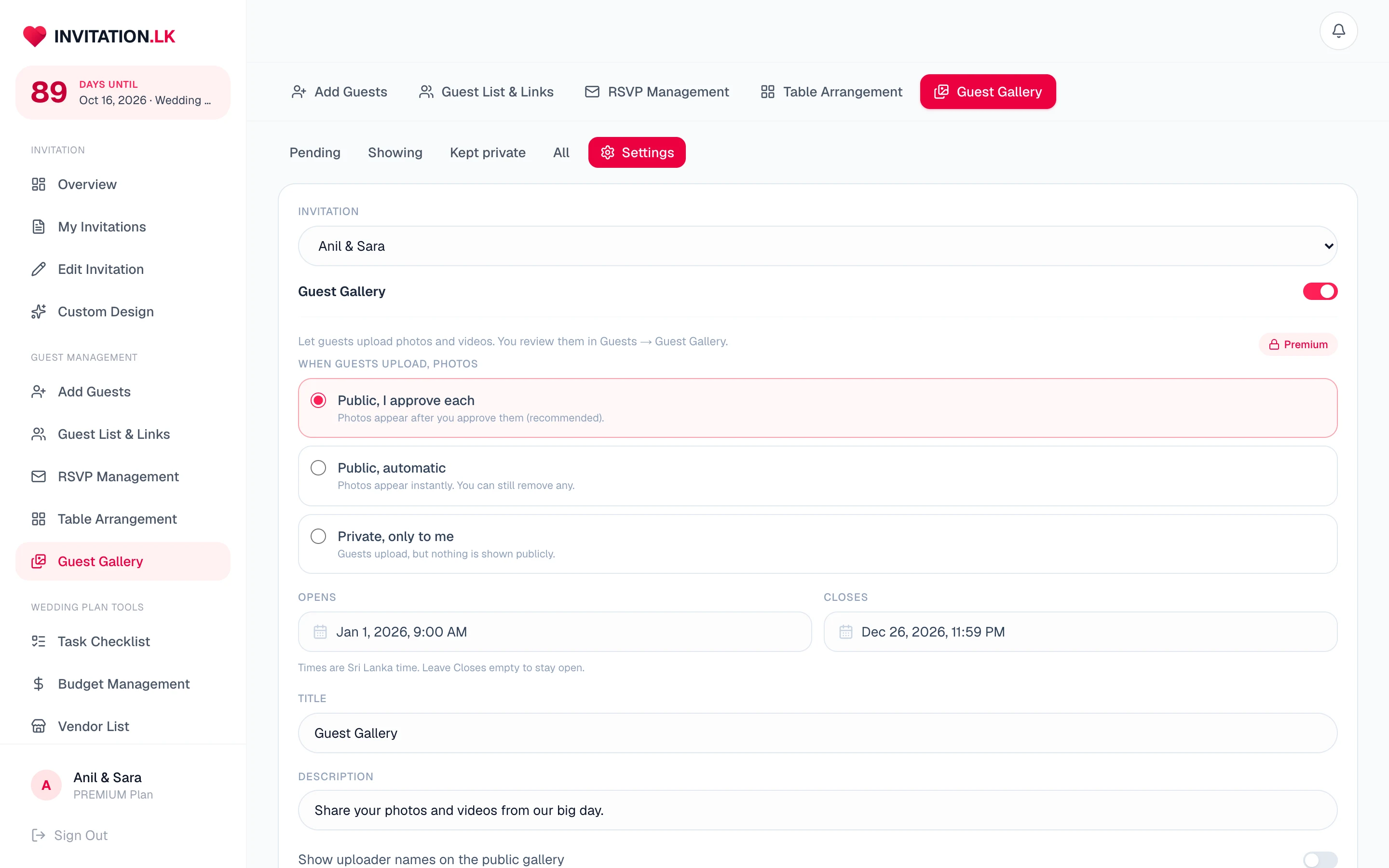 Guest gallery settings with approval modes and an open and close schedule
