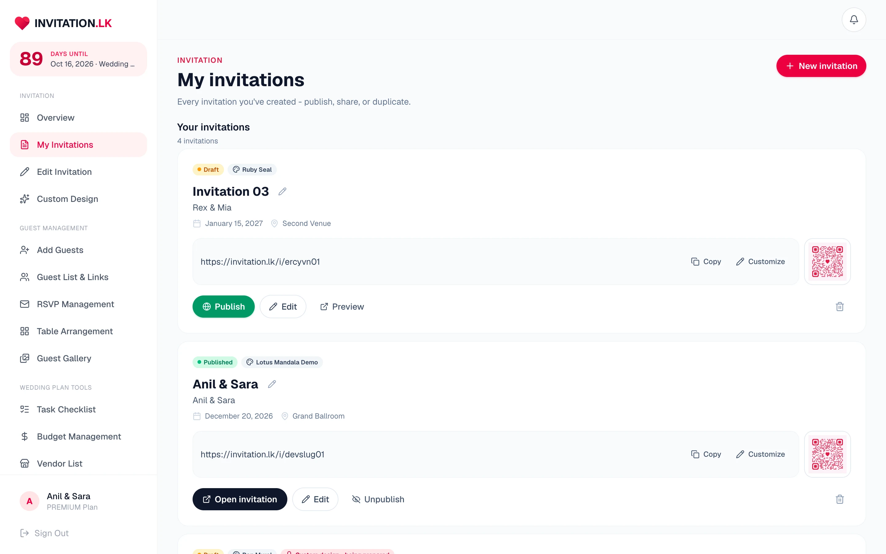 My invitations list with publish controls, share links, and QR codes