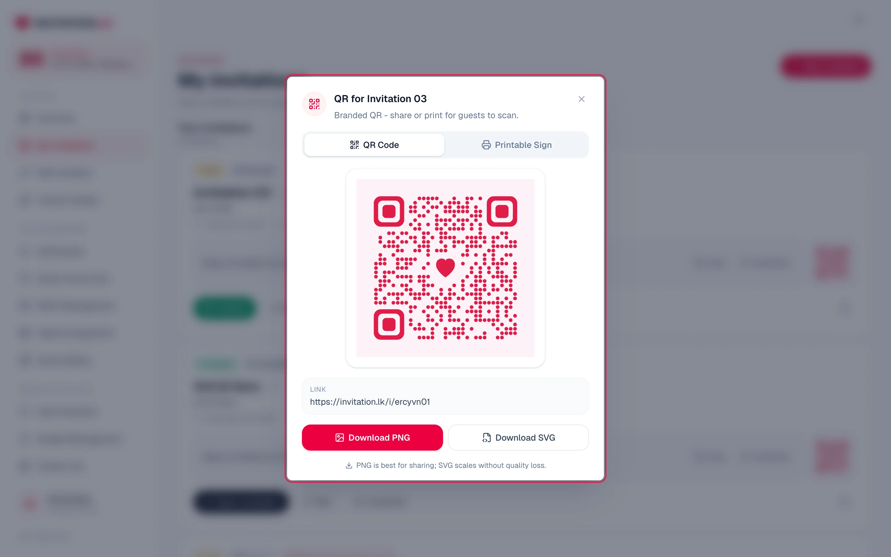Branded QR dialog with heart-marked QR code and PNG and SVG downloads