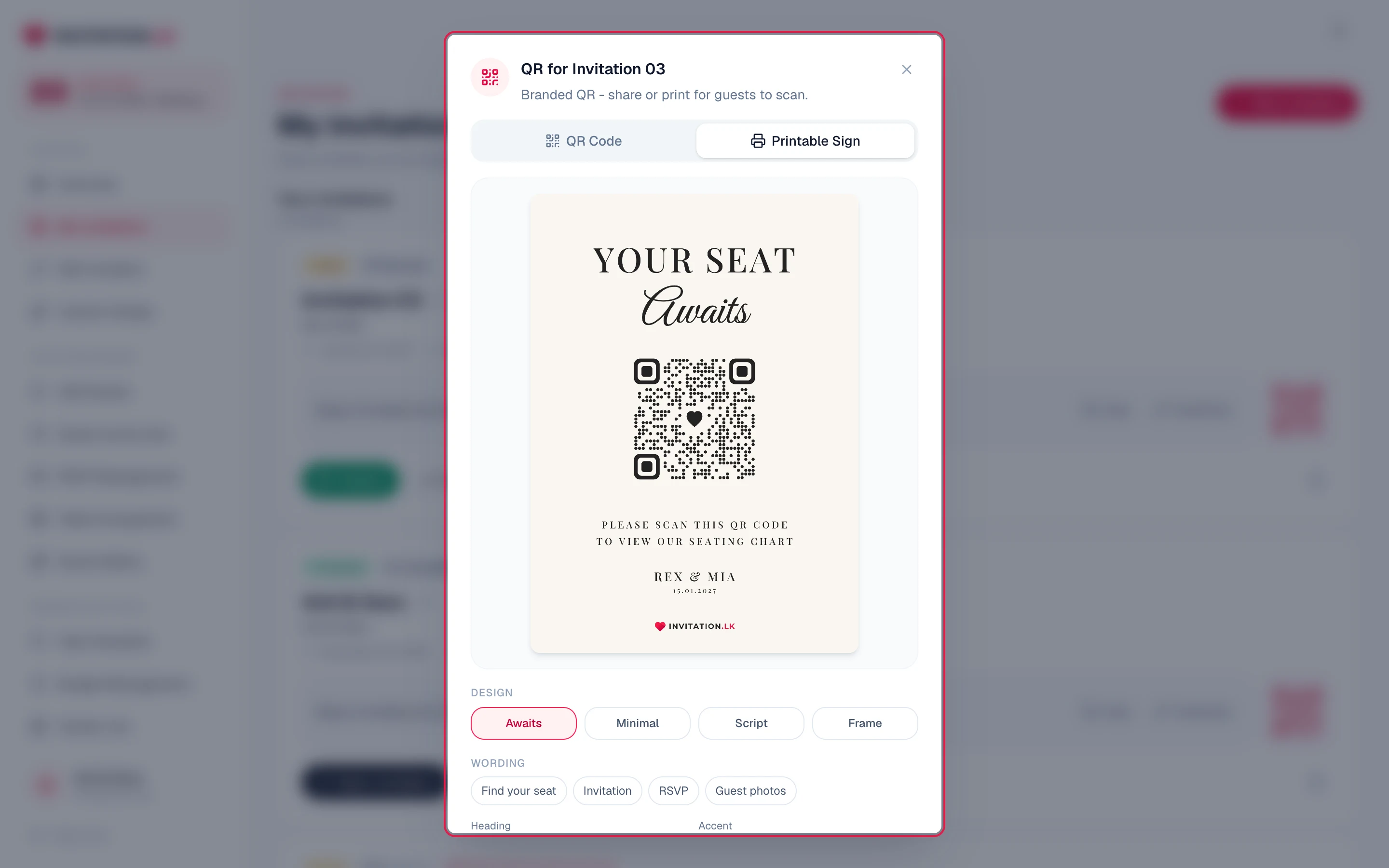 Printable QR sign designer with an elegant Your Seat Awaits sign preview