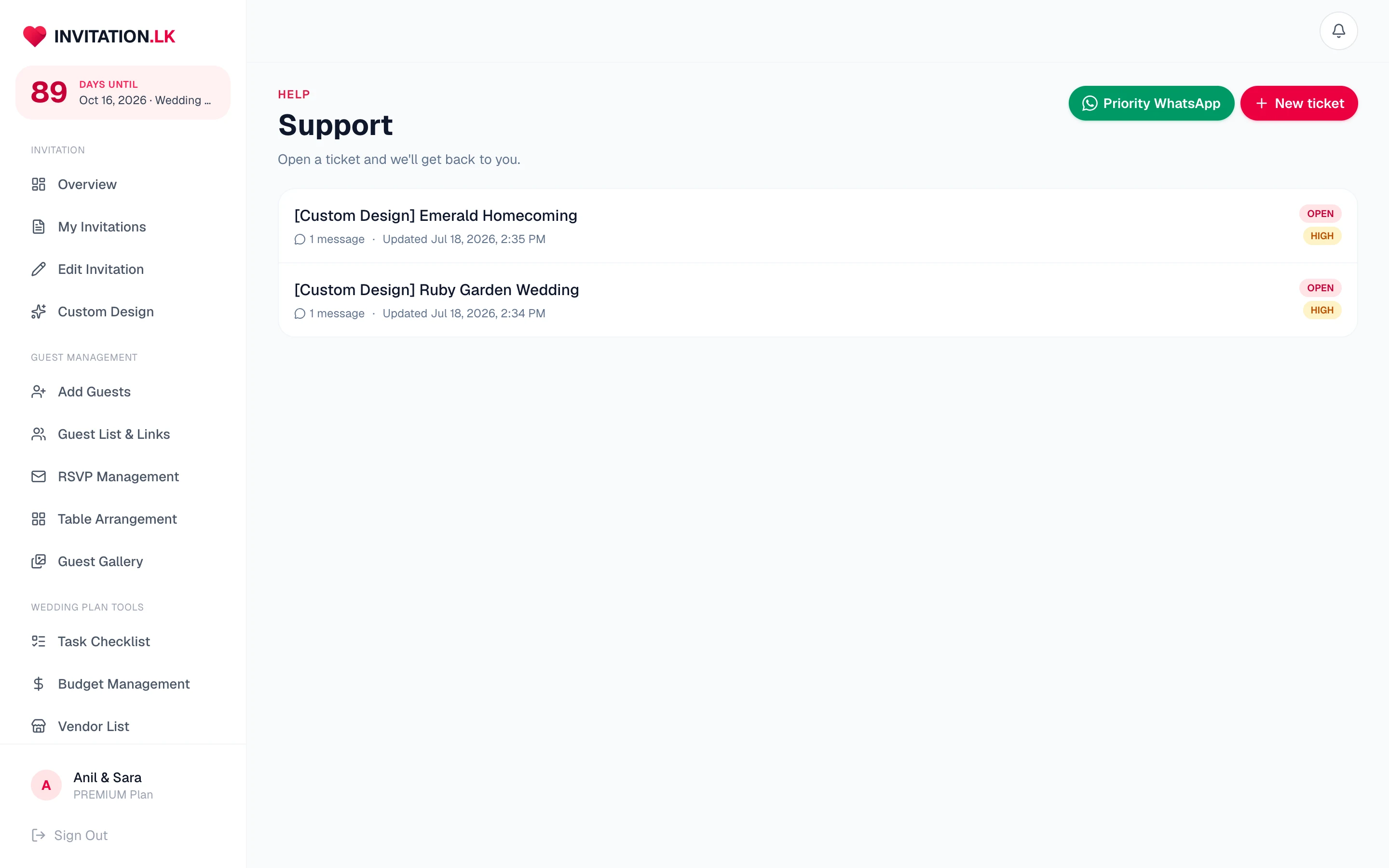 Support tickets with status badges and priority WhatsApp button