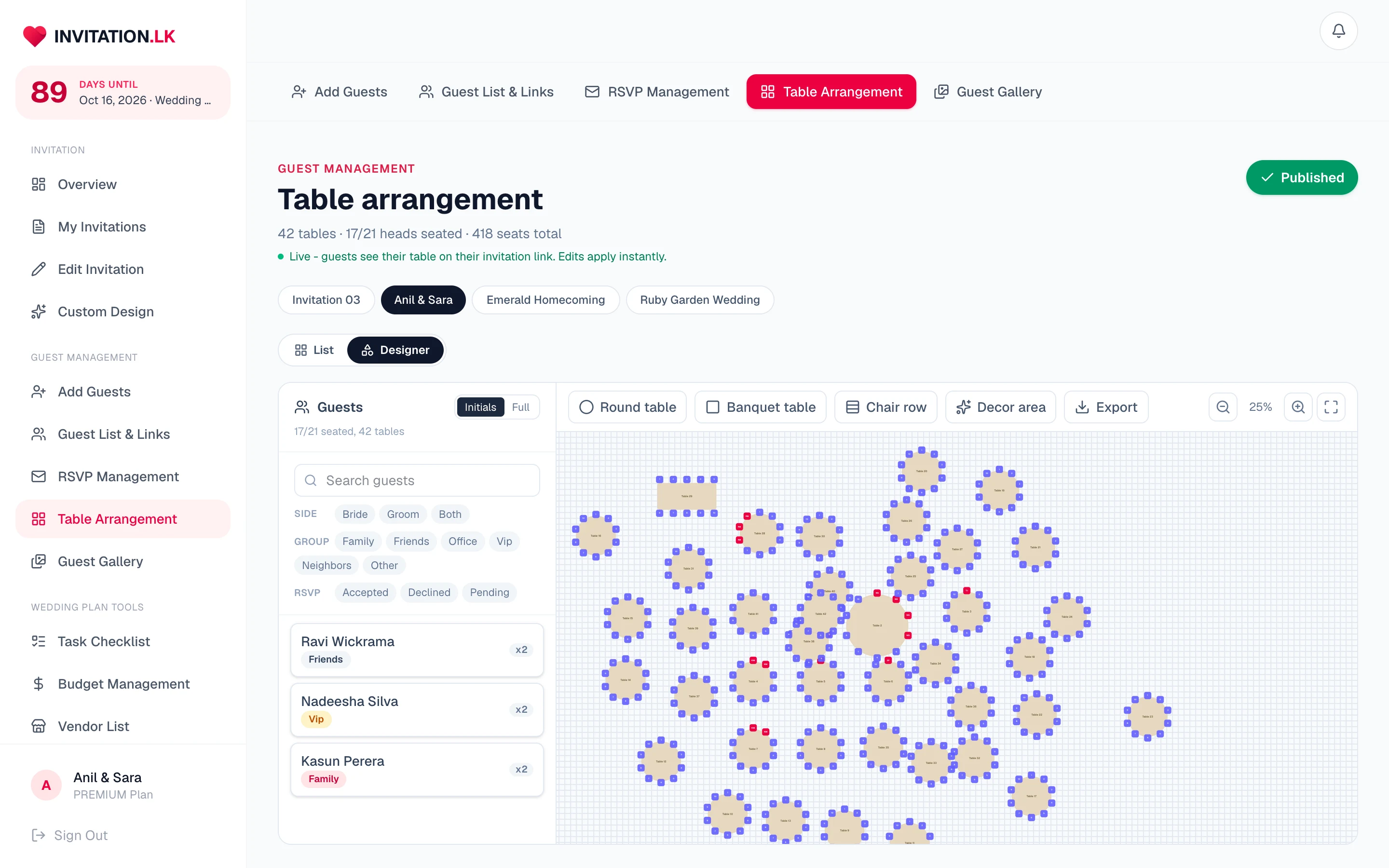 Visual table arrangement designer with a canvas of tables and a guest panel