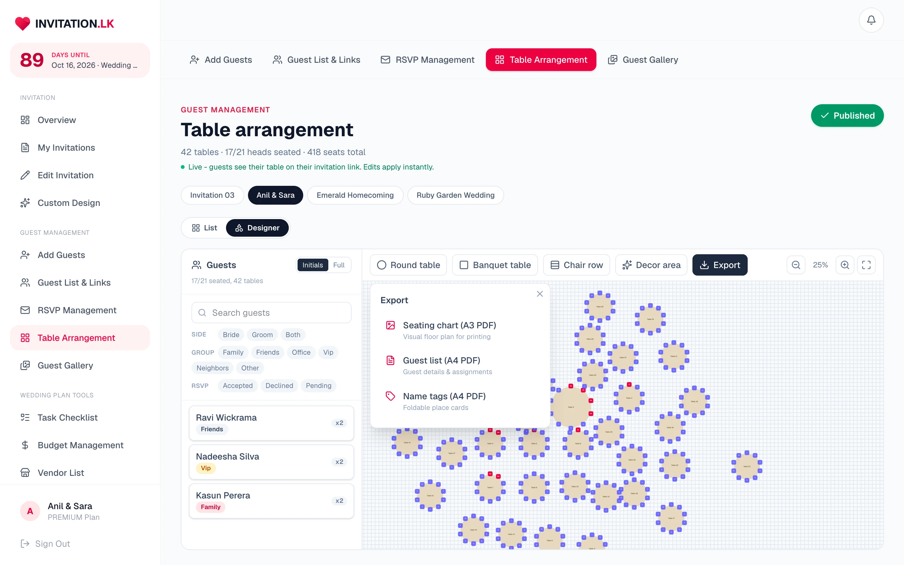 Export menu with seating chart, guest list, and name tag PDF options