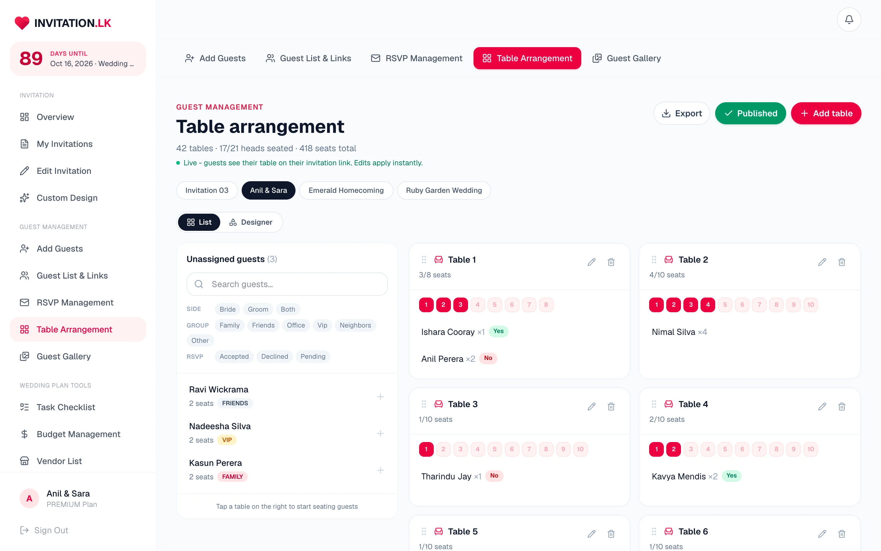 Table arrangement list view with unassigned guests and per-table seat chips