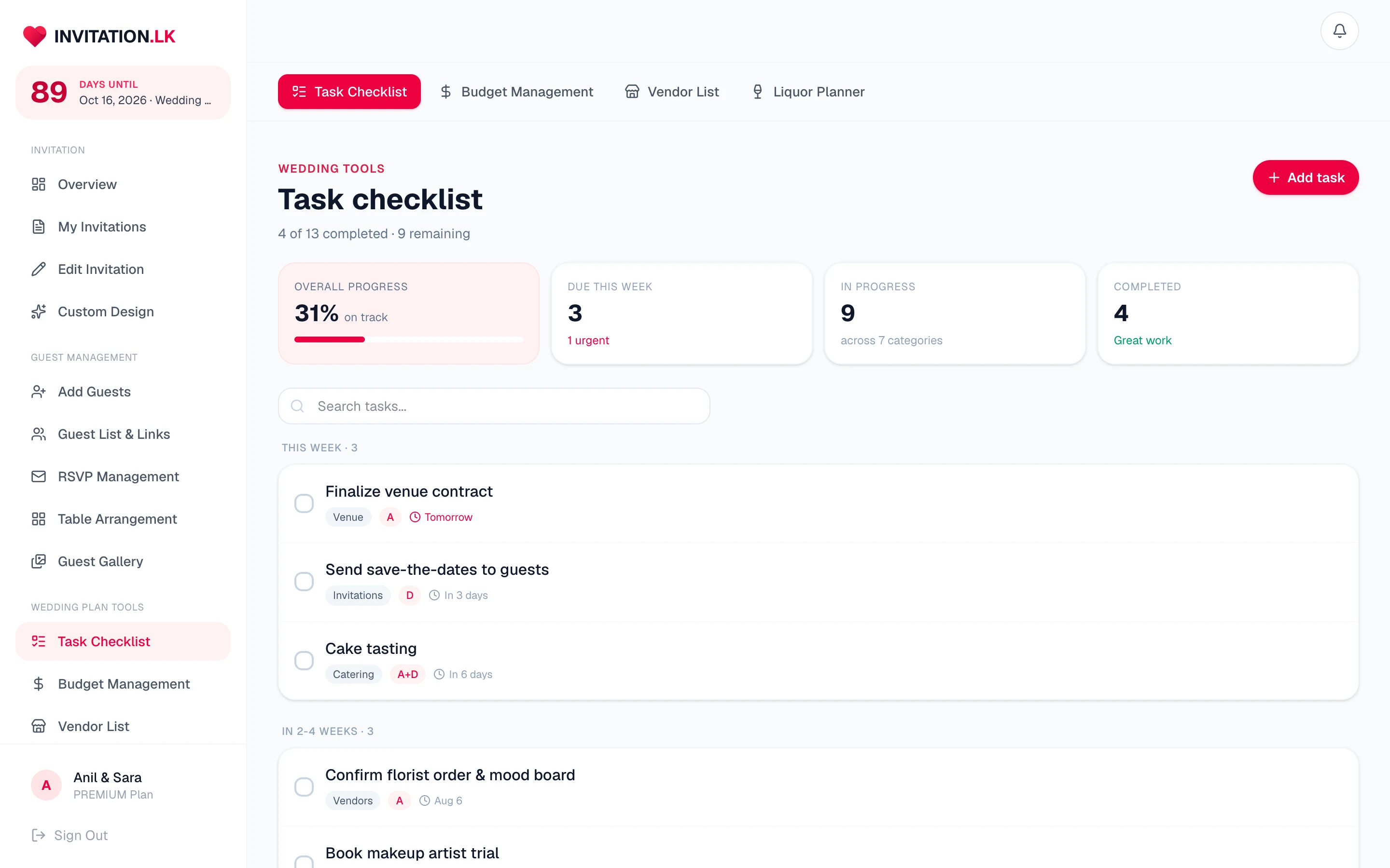 Wedding task checklist with progress statistics and due dates