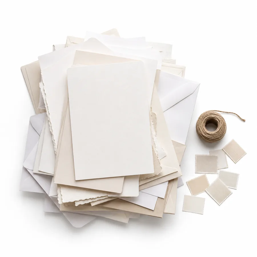 A stack of blank printed wedding invitation cards and envelopes with loose postage stamps