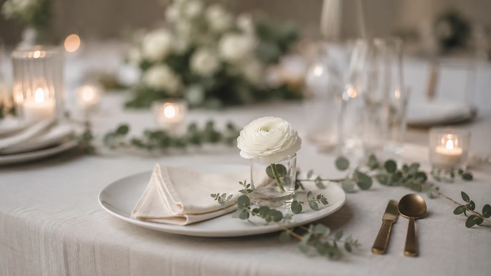 A laid reception table with glassware and florals