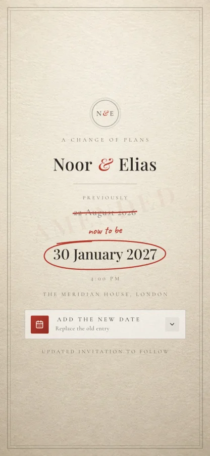 The Change of Plans invitation design shown on a phone