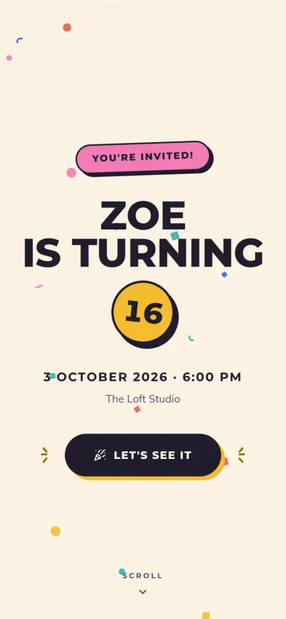 The Confetti Pop invitation design shown on a phone