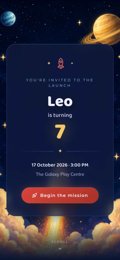 The Cosmic Countdown invitation design shown on a phone