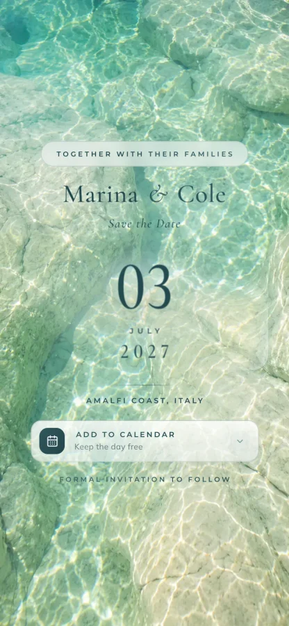 The Crystal Tide invitation design shown on a phone