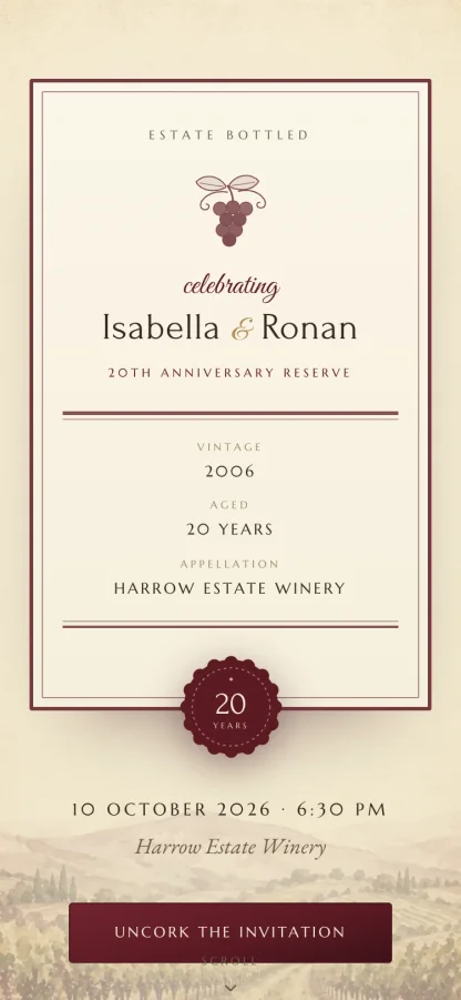 The Fine Vintage invitation design shown on a phone