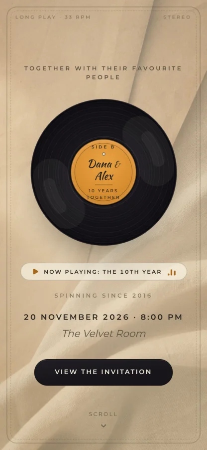 The Long Play invitation design shown on a phone