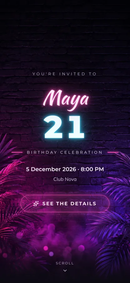 The Neon Nights invitation design shown on a phone