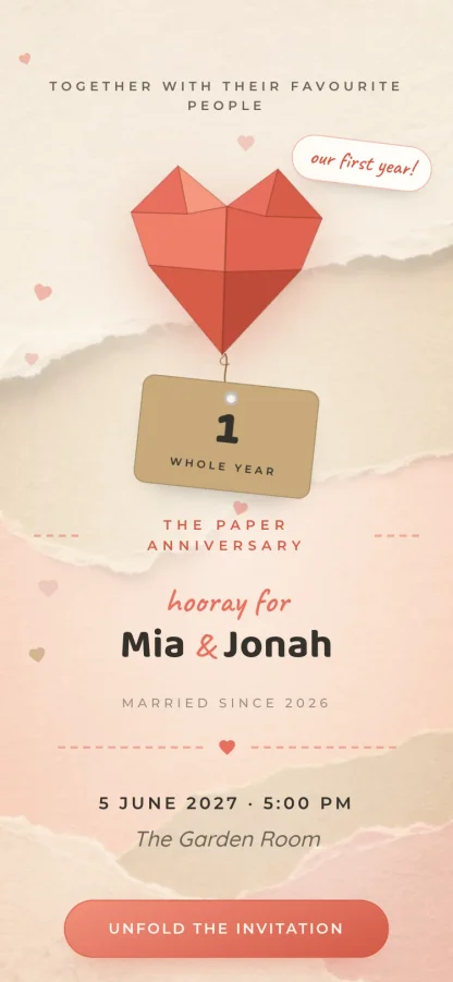 The Paper Hearts invitation design shown on a phone
