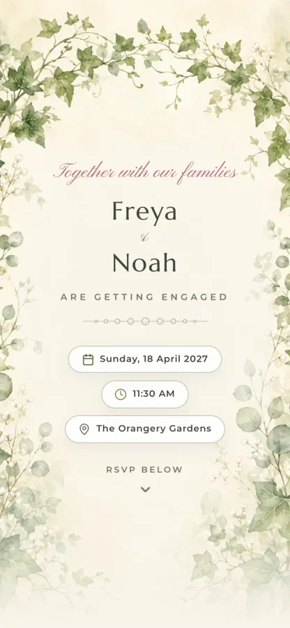 The Pearl & Ivy invitation design shown on a phone