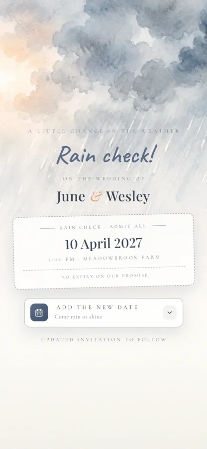 The Rain Check invitation design shown on a phone