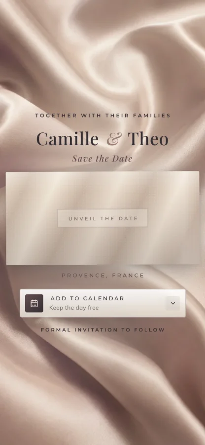 The Silken Vow invitation design shown on a phone