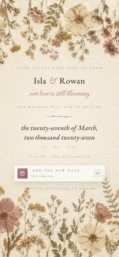 The Still Blooming invitation design shown on a phone