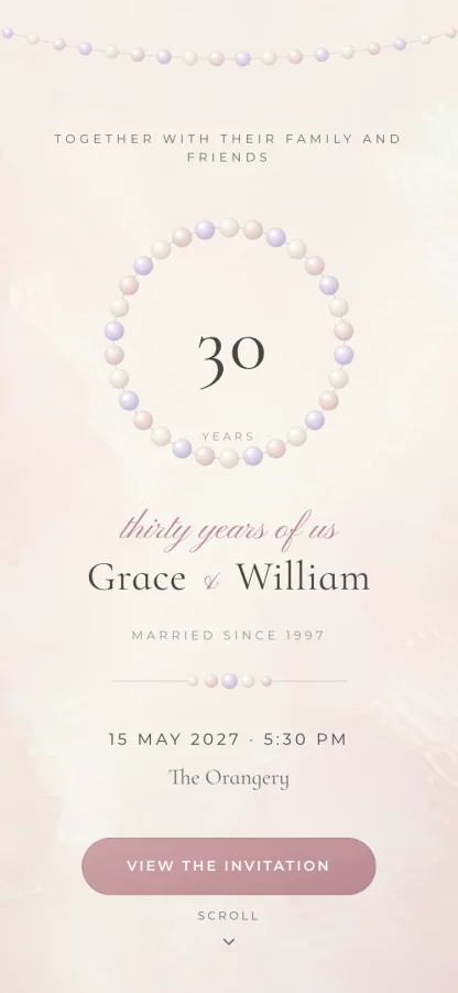The String of Pearls invitation design shown on a phone