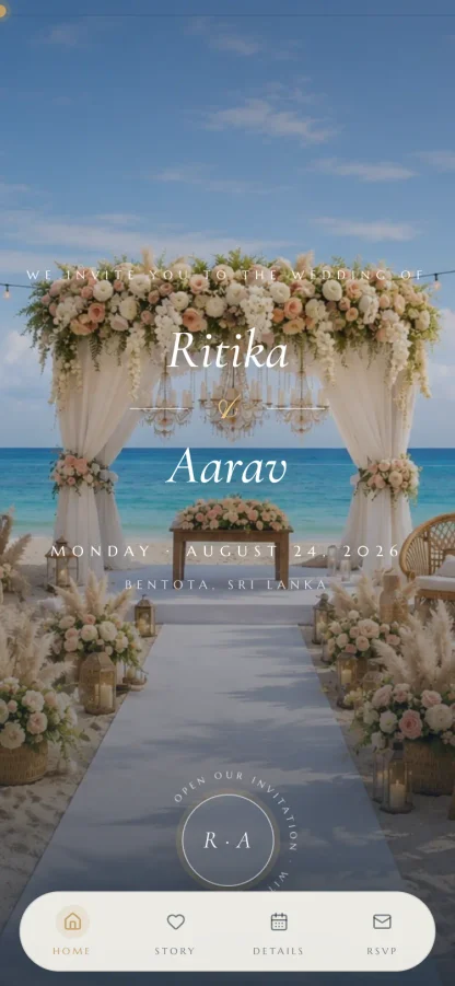 The Sunset Shores wedding invitation design shown on a phone