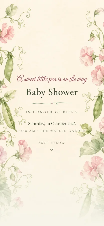 The Sweet Pea invitation design shown on a phone