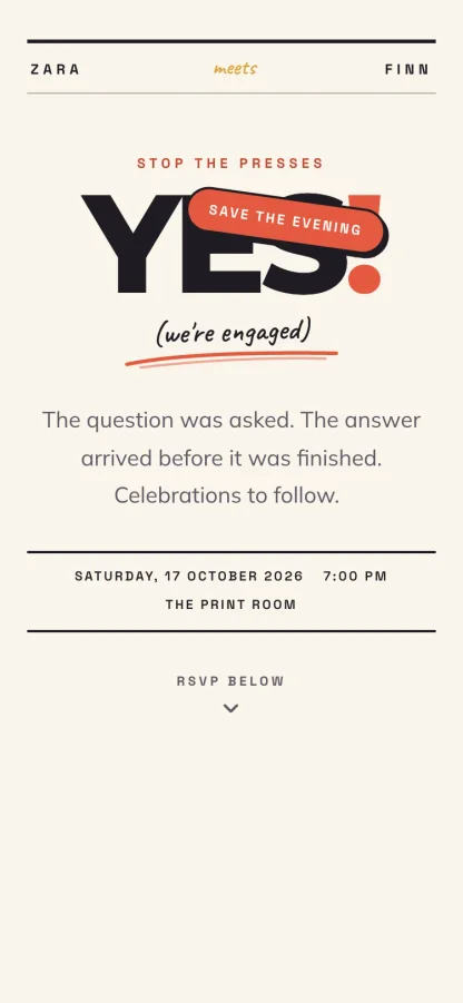 The The Big Yes invitation design shown on a phone