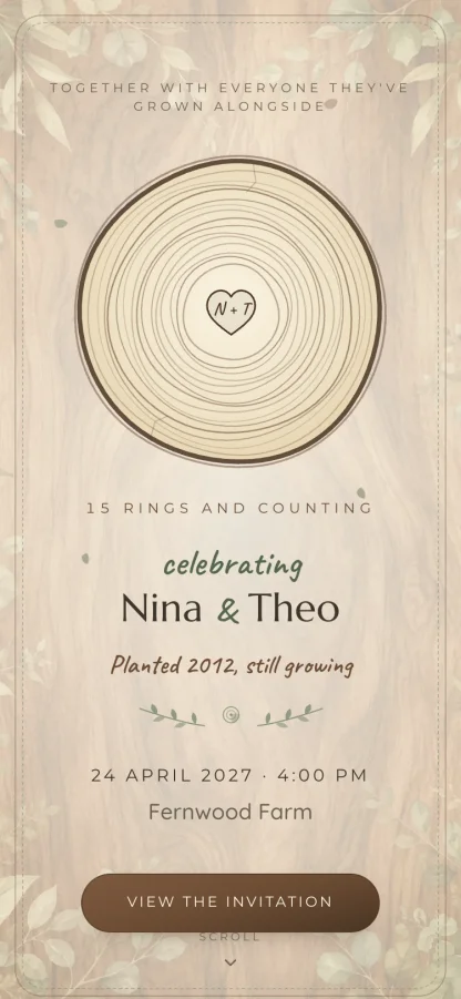 The Tree Rings invitation design shown on a phone