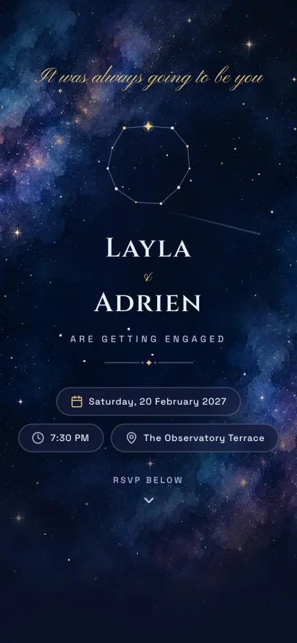 The Written in the Stars invitation design shown on a phone
